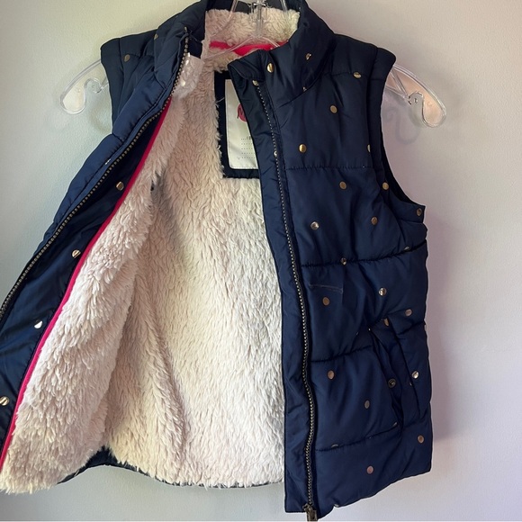 Mini Boden Navy Puffer Vest with Gold Polka Dots Faux Fur Lined - Picture 4 of 8